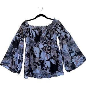 Floral Smocked Blouse Sz M Bell Sleeve Coquette Flowy Boho Feminine Peasant Art